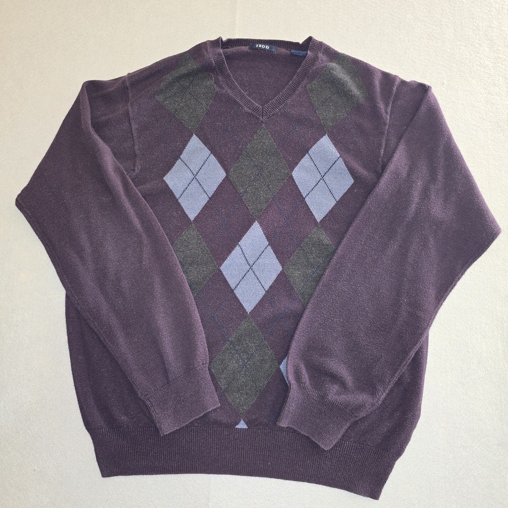IZOD Men Large Purple Sweater Argyle V-Neck Cotton Blend Preppy Pullover